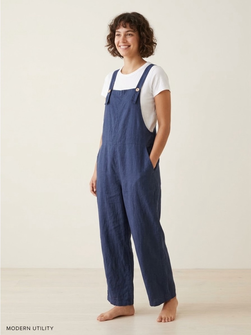 Women's Navy Button-Strap Linen-Blend Overalls Jumpsuit